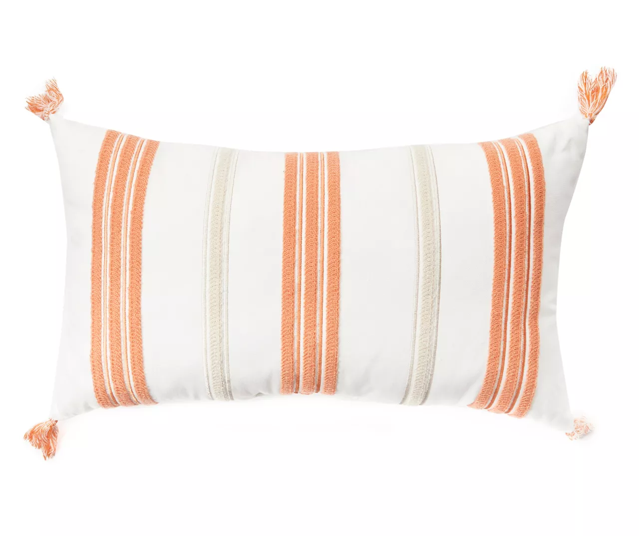 White & Orange Embroidered Stripe Tassel-Accent Throw Pillow 3 White & Orange Embroidered Stripe Tassel-Accent Throw Pillow