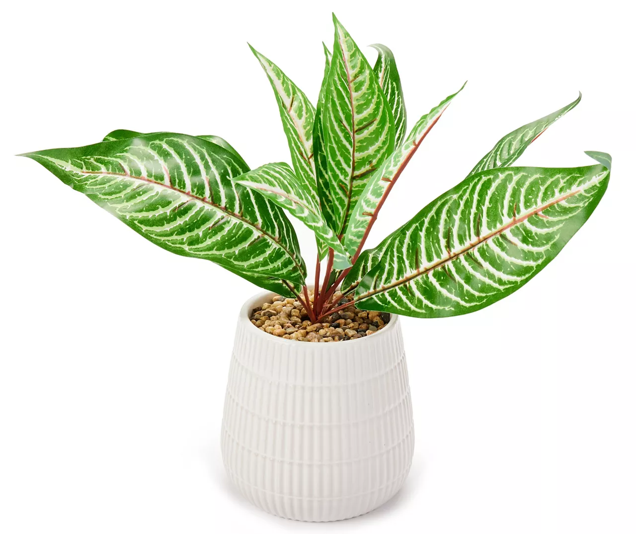Green Artificial Leafy Arrangement With White Ridged Ceramic Pot 3 Green Artificial Leafy Arrangement With White Ridged Ceramic Pot
