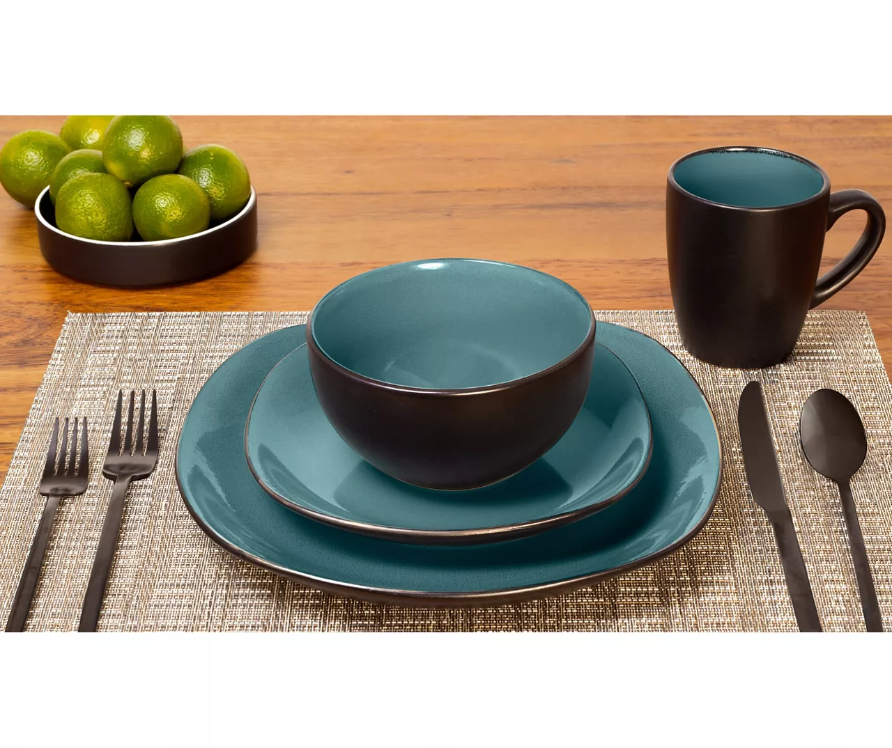 Teal & Black Reactive 16-Piece Stoneware Dinnerware Set 3 Teal & Black Reactive 16-Piece Stoneware Dinnerware Set
