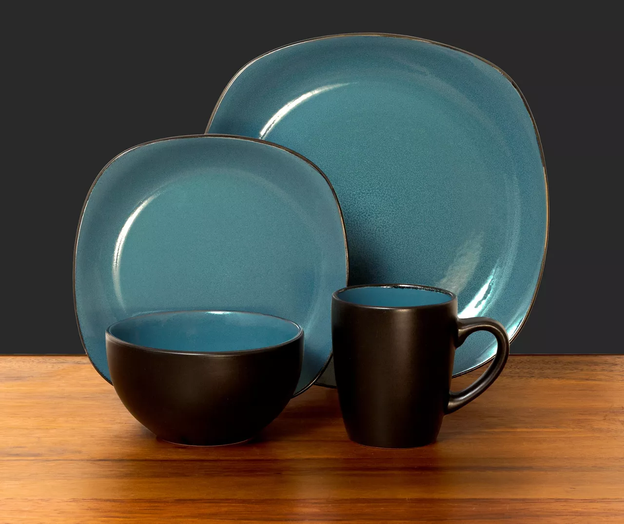 Teal & Black Reactive 16-Piece Stoneware Dinnerware Set 4 Teal & Black Reactive 16-Piece Stoneware Dinnerware Set - Image 2