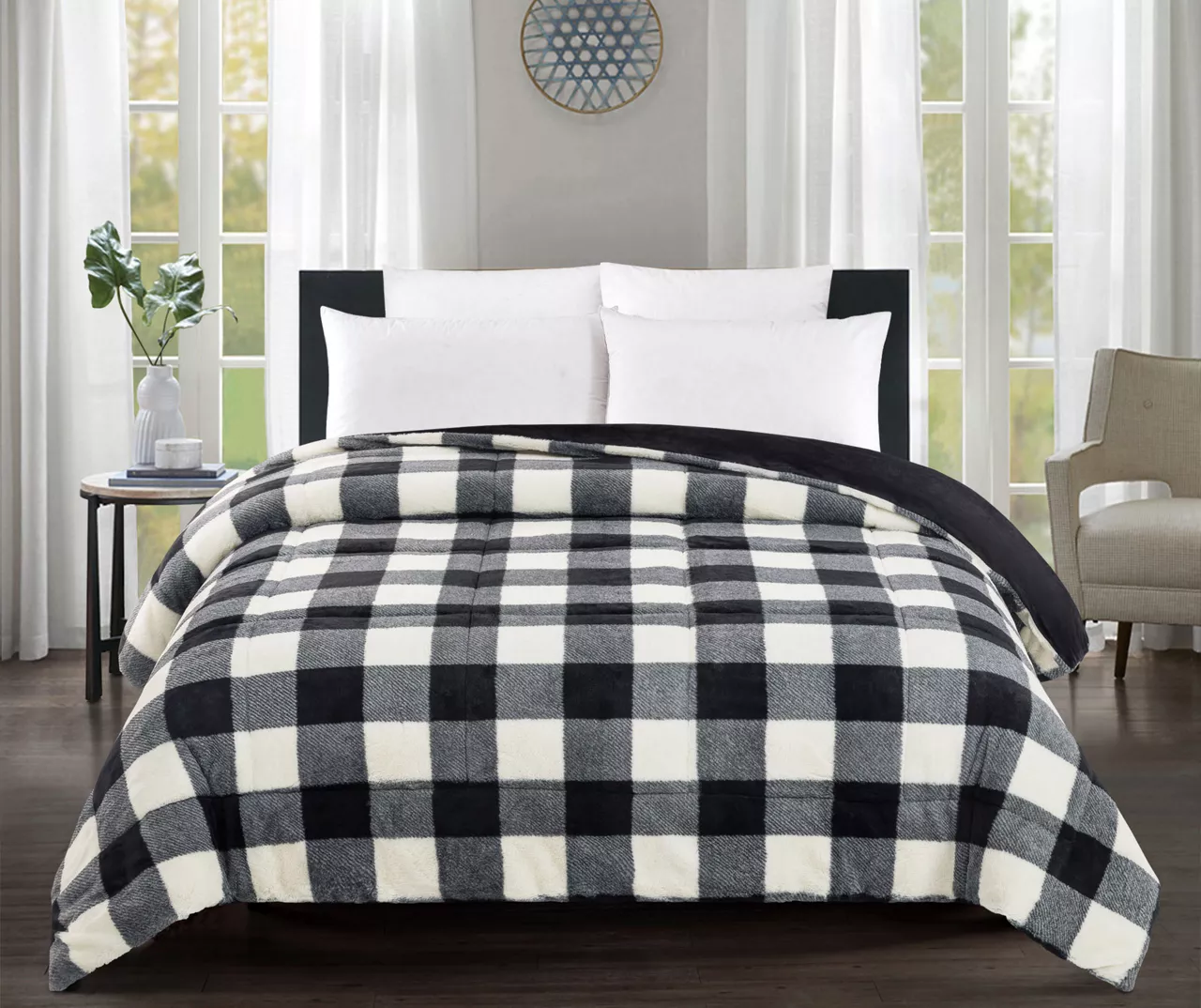 Black & White Buffalo Plaid Faux Fur Full/Queen Comforter 3 Black & White Buffalo Plaid Faux Fur Full/Queen Comforter