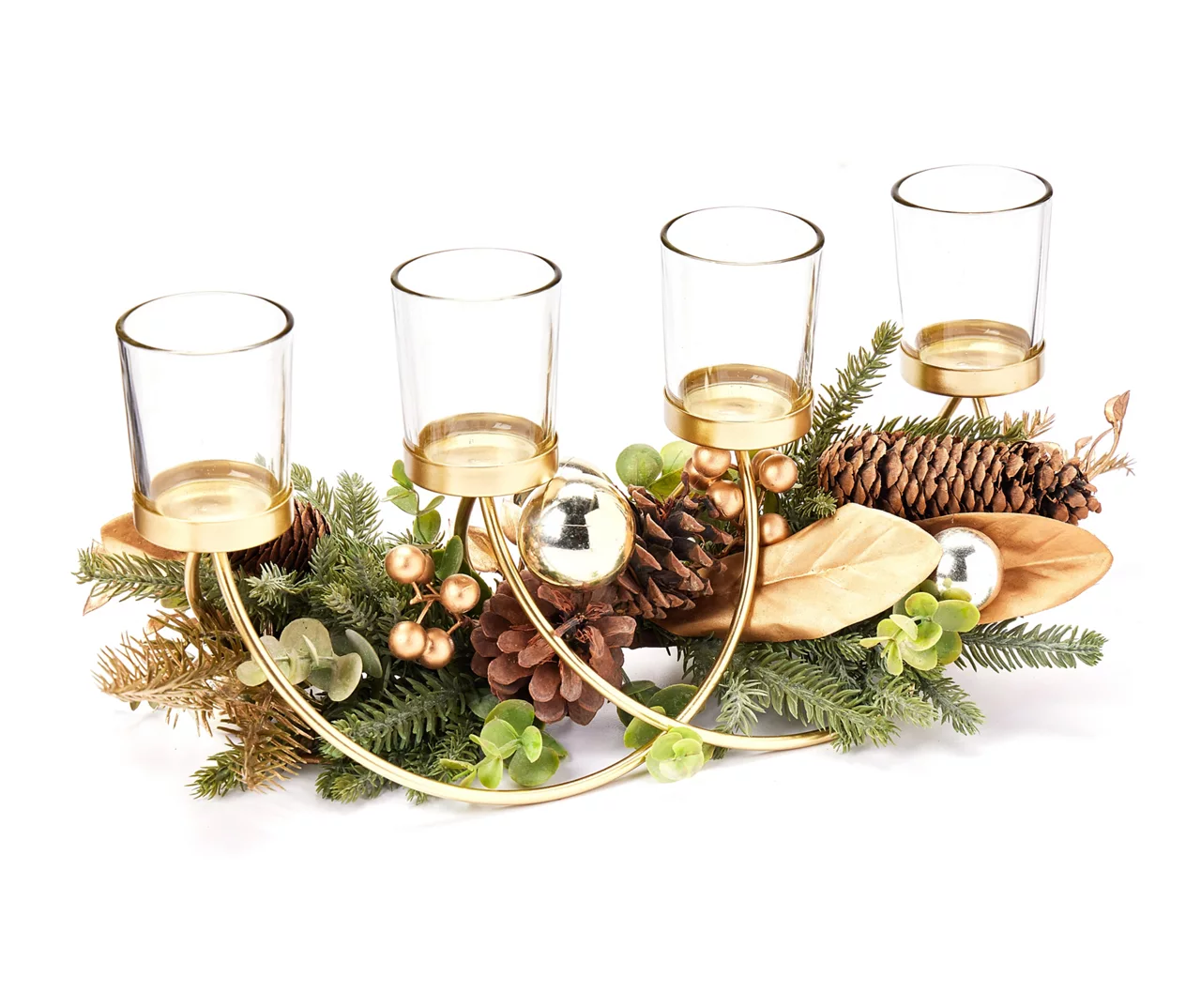 Festive Gathering Gold 4-Tier LED Votive Candle Centerpiece With Pine, Leaves And Berries 4 Festive Gathering Gold 4-Tier LED Votive Candle Centerpiece With Pine, Leaves And Berries - Image 2