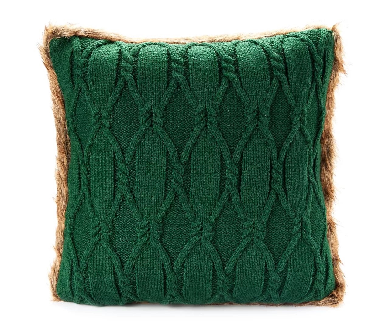 Green Cable-Knit Faux Fur-Trim Throw Pillow 3 Green Cable-Knit Faux Fur-Trim Throw Pillow