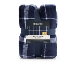 Navy & White Plaid Queen/King Velvet Plush Blanket -Broyhill 810617521 810617523 A0